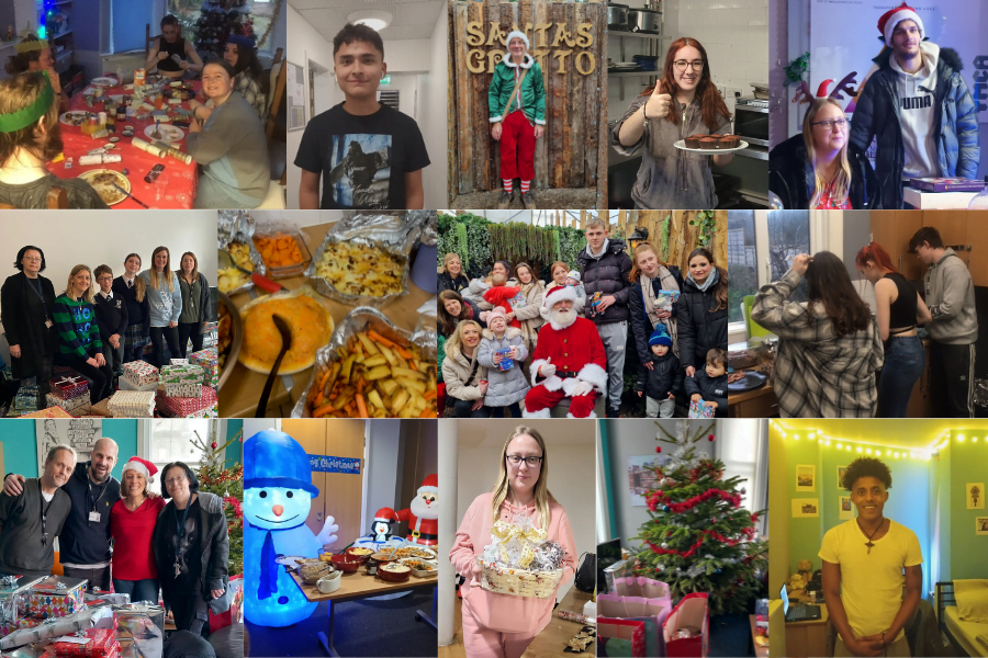 Collage of photos: a group of residents eating christmas dinner; a young resident smiling wearing his new earphones, an elf outside santa's grotto