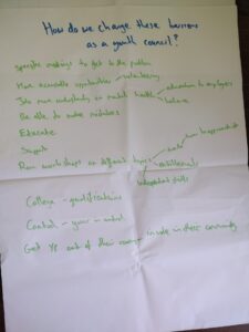 Notes from the youth council meeting about 'how do we change these barriers as a youth council?'