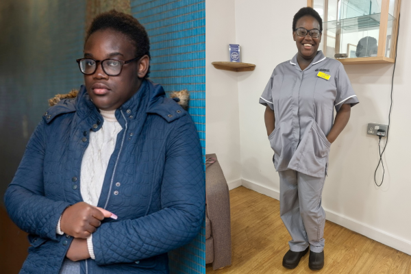 Mapalo before and after image. Before, she is stood in a tunnel looking sad. After, she is smiling in her nursing scrubs at university